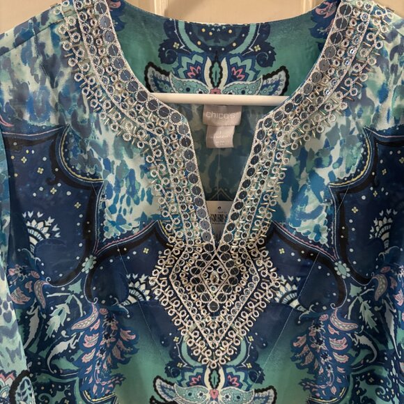 Chico's Embellished Tranquil Turquoise 3/4 Sleeve Coastal Tunic ~ Medium ~ NWT - Picture 3 of 9